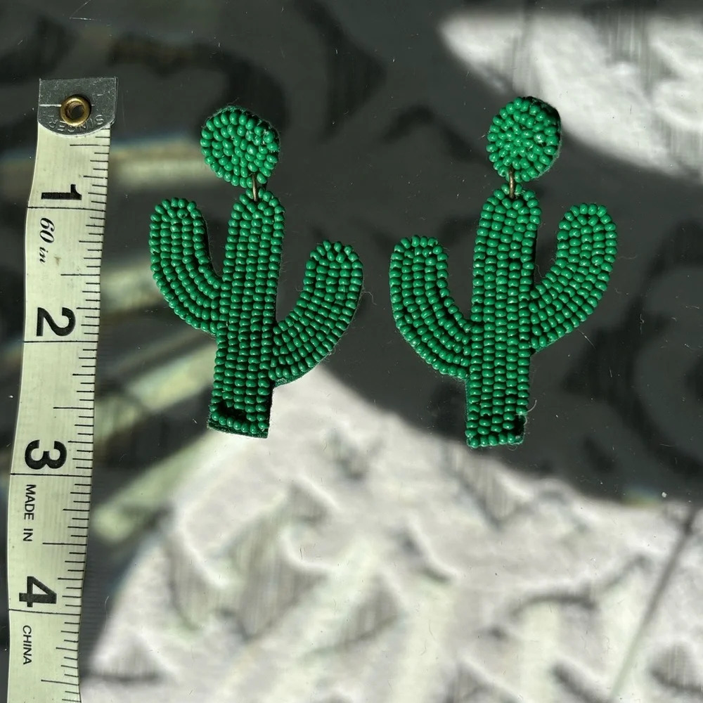 Green Beaded Cactus Earrings